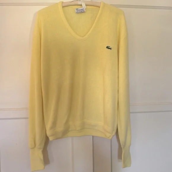 Vintage 80s or 90s yellow “ Izod Lacoste “ men’s V-neck sweater, Preppy